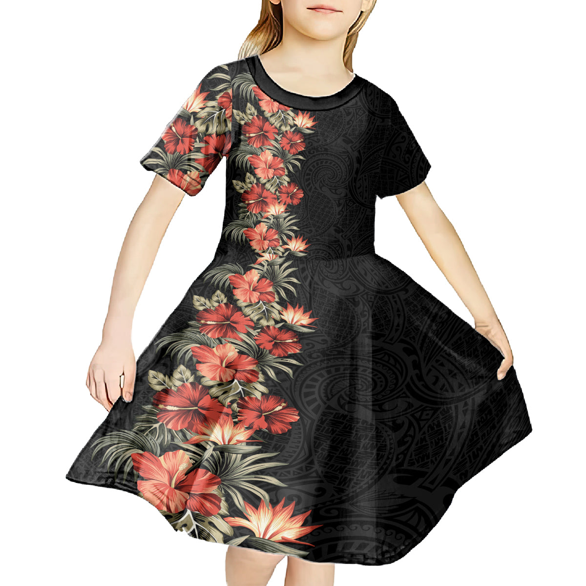 Hawaii Tropical Flowers Tribal Pattern Kid Short Sleeve Dress No6 LT9 - Polynesian Pride