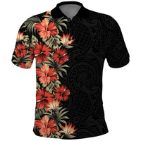 Hawaii Tropical Flowers Tribal Pattern Polo Shirt No6 LT9 Black - Polynesian Pride