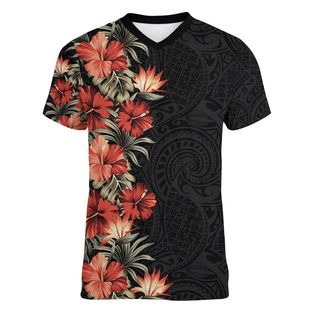 Hawaii Tropical Flowers Tribal Pattern Women V Neck T Shirt No6 LT9 Female Black - Polynesian Pride