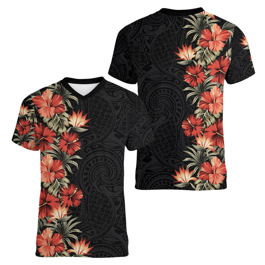 Hawaii Tropical Flowers Tribal Pattern Women V Neck T Shirt No6 LT9 - Polynesian Pride