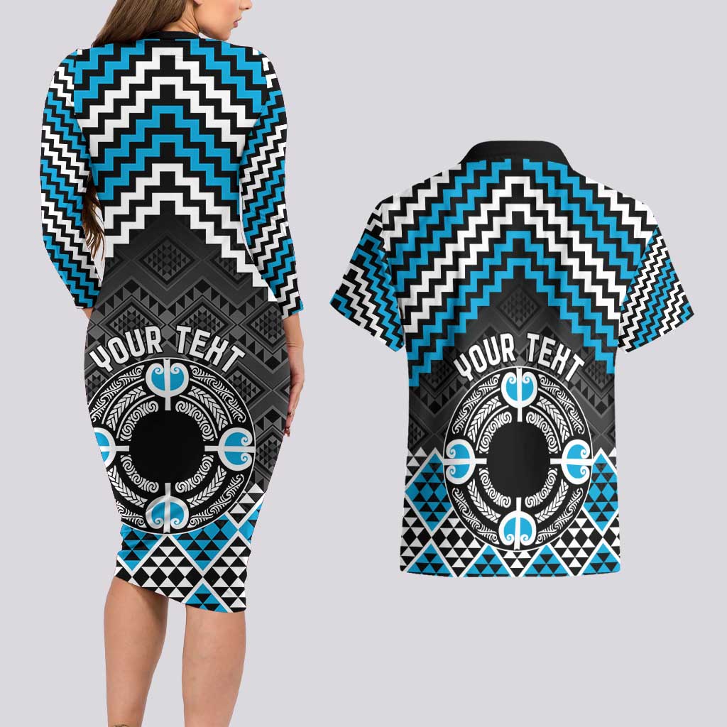 Personalised Aotearoa Niho Taniwha Motif Couples Matching Long Sleeve Bodycon Dress and Hawaiian Shirt Blue Style