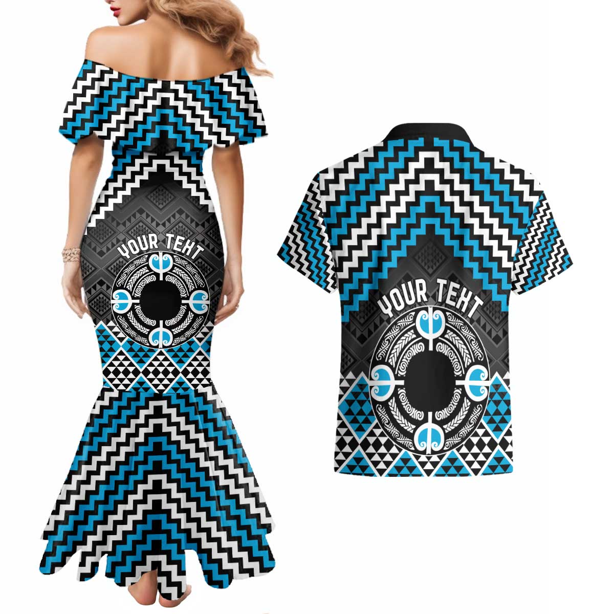 Personalised Aotearoa Niho Taniwha Motif Couples Matching Mermaid Dress and Hawaiian Shirt Blue Style