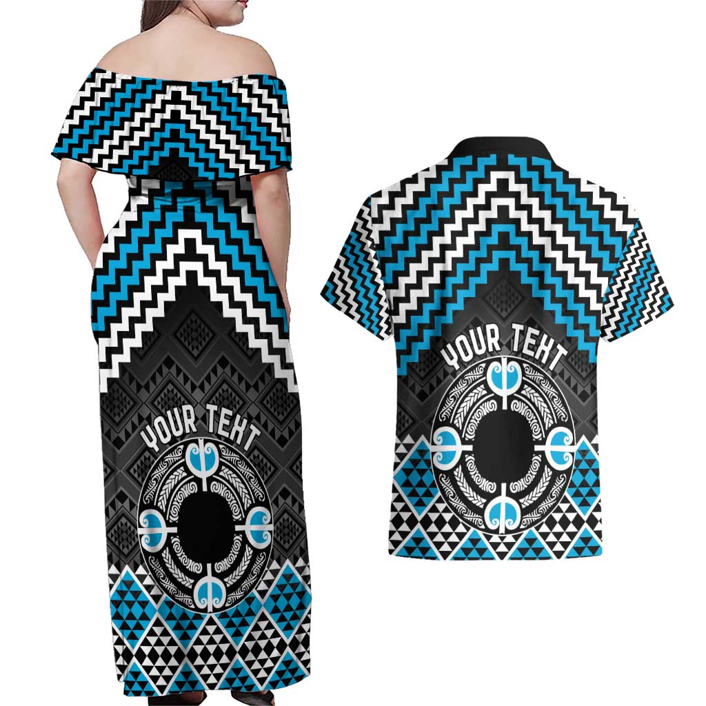 Personalised Aotearoa Niho Taniwha Motif Couples Matching Off Shoulder Maxi Dress and Hawaiian Shirt Blue Style