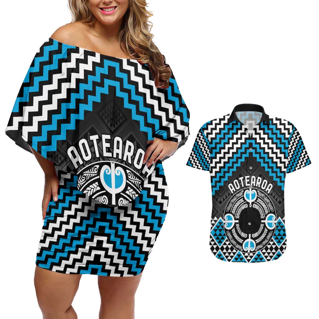 Personalised Aotearoa Niho Taniwha Motif Couples Matching Off Shoulder Short Dress and Hawaiian Shirt Blue Style