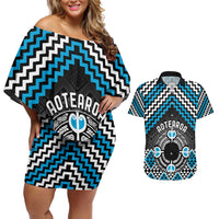 Personalised Aotearoa Niho Taniwha Motif Couples Matching Off Shoulder Short Dress and Hawaiian Shirt Blue Style