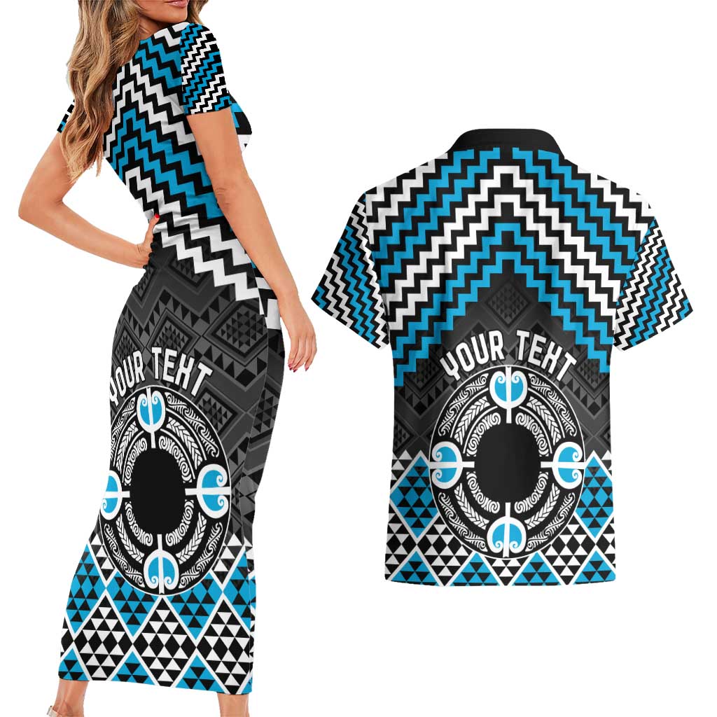 Personalised Aotearoa Niho Taniwha Motif Couples Matching Short Sleeve Bodycon Dress and Hawaiian Shirt Blue Style