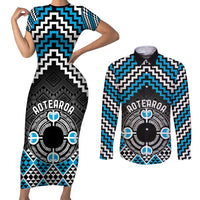 Personalised Aotearoa Niho Taniwha Motif Couples Matching Short Sleeve Bodycon Dress and Long Sleeve Button Shirt Blue Style LT9 Blue - Polynesian Pride