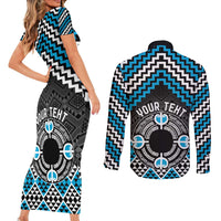 Personalised Aotearoa Niho Taniwha Motif Couples Matching Short Sleeve Bodycon Dress and Long Sleeve Button Shirt Blue Style LT9 - Polynesian Pride