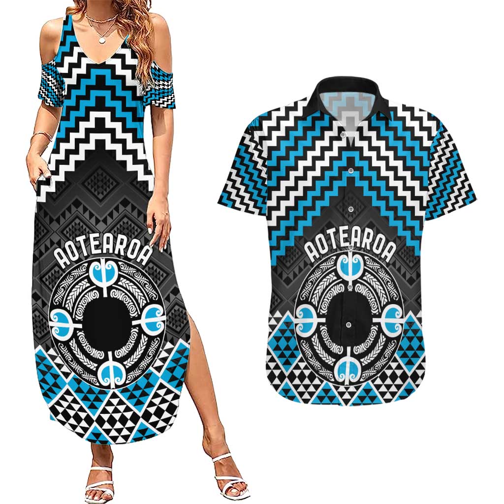 Personalised Aotearoa Niho Taniwha Motif Couples Matching Summer Maxi Dress and Hawaiian Shirt Blue Style