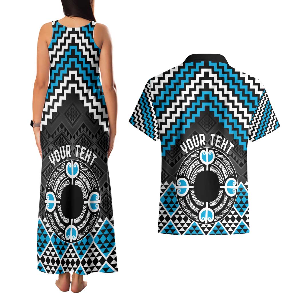 Personalised Aotearoa Niho Taniwha Motif Couples Matching Tank Maxi Dress and Hawaiian Shirt Blue Style