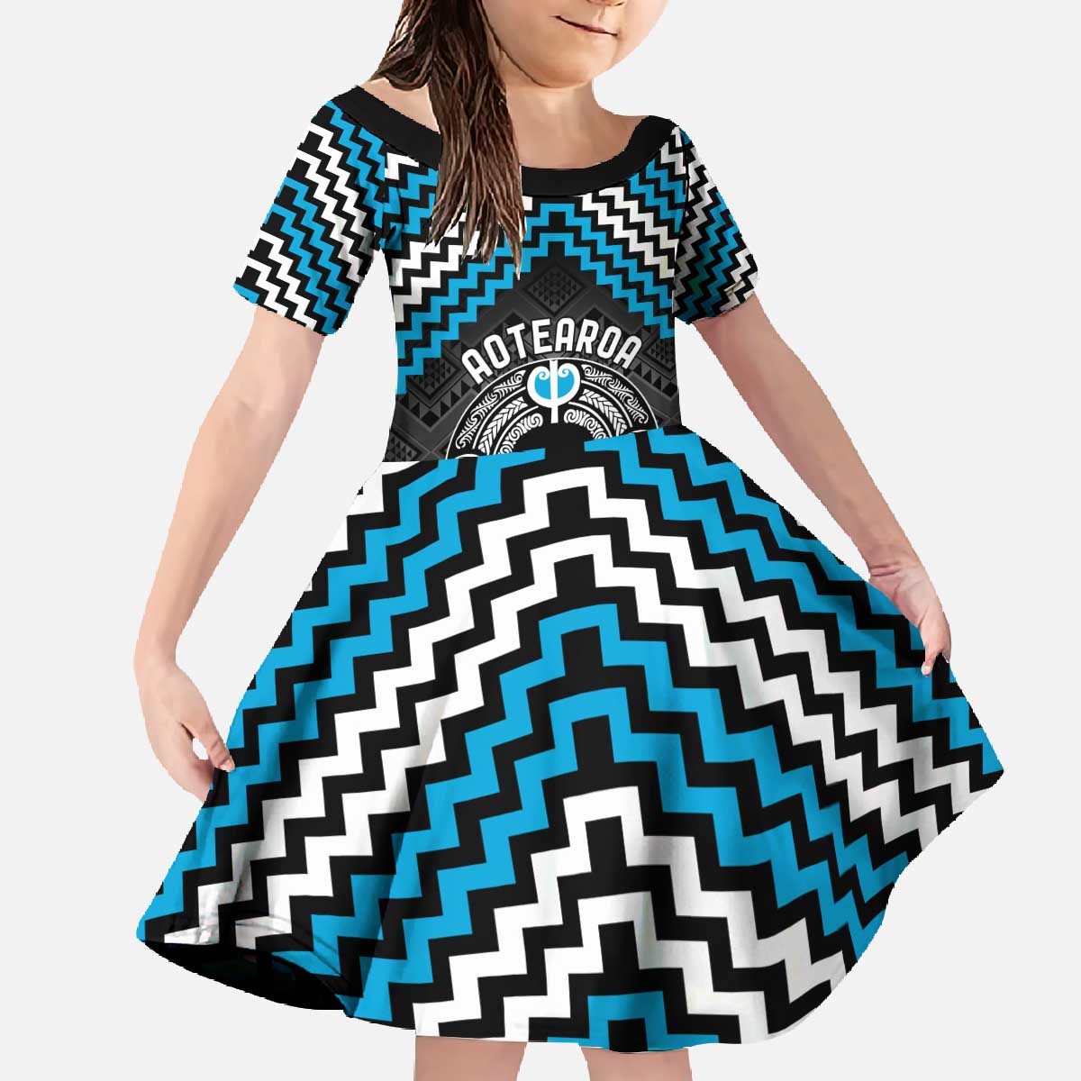 Personalised Aotearoa Niho Taniwha Motif Family Matching Off The Shoulder Long Sleeve Dress and Hawaiian Shirt Blue Style