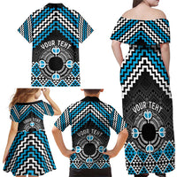 Personalised Aotearoa Niho Taniwha Motif Family Matching Off Shoulder Maxi Dress and Hawaiian Shirt Blue Style