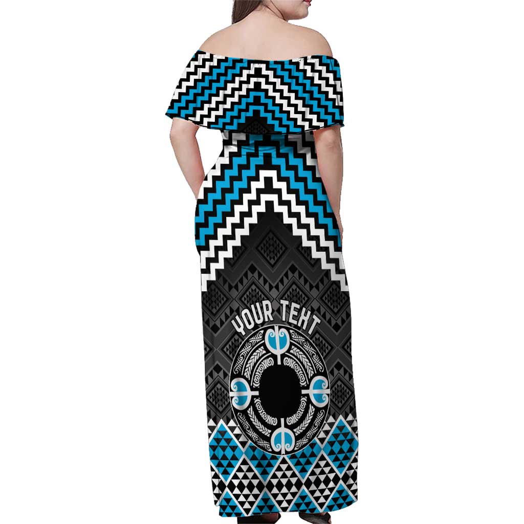 Personalised Aotearoa Niho Taniwha Motif Family Matching Off Shoulder Maxi Dress and Hawaiian Shirt Blue Style