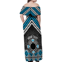 Personalised Aotearoa Niho Taniwha Motif Family Matching Off Shoulder Maxi Dress and Hawaiian Shirt Blue Style