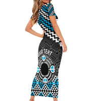 Personalised Aotearoa Niho Taniwha Motif Family Matching Short Sleeve Bodycon Dress and Hawaiian Shirt Blue Style