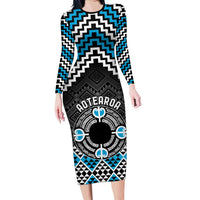 Personalised Aotearoa Niho Taniwha Motif Long Sleeve Bodycon Dress Blue Style