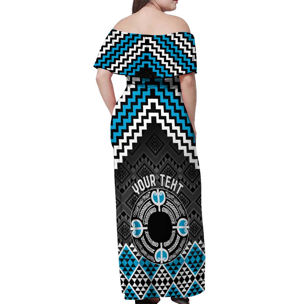 Personalised Aotearoa Niho Taniwha Motif Off Shoulder Maxi Dress Blue Style
