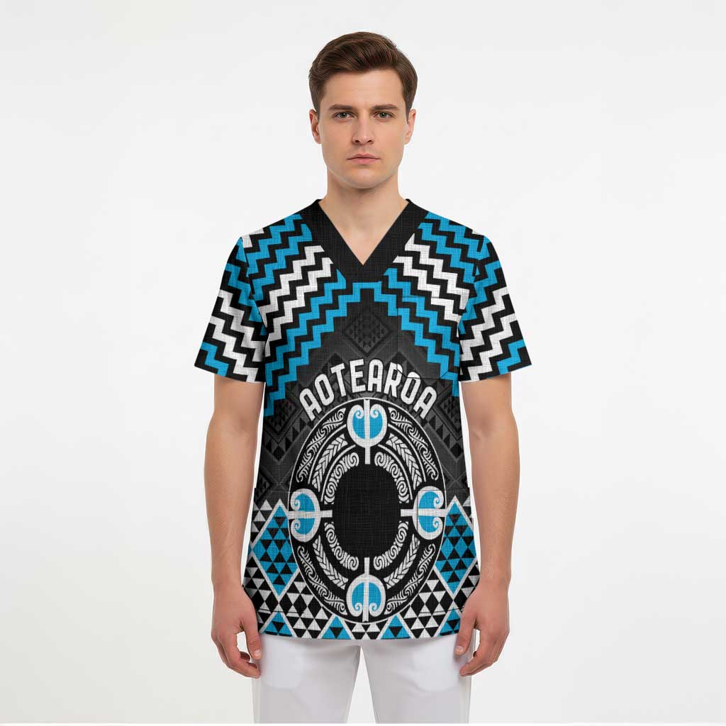 Personalised Aotearoa Niho Taniwha Motif Scrub Top Blue Style - Polynesian Pride