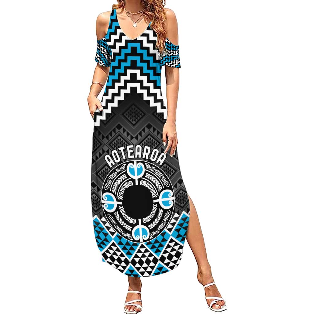 Personalised Aotearoa Niho Taniwha Motif Summer Maxi Dress Blue Style