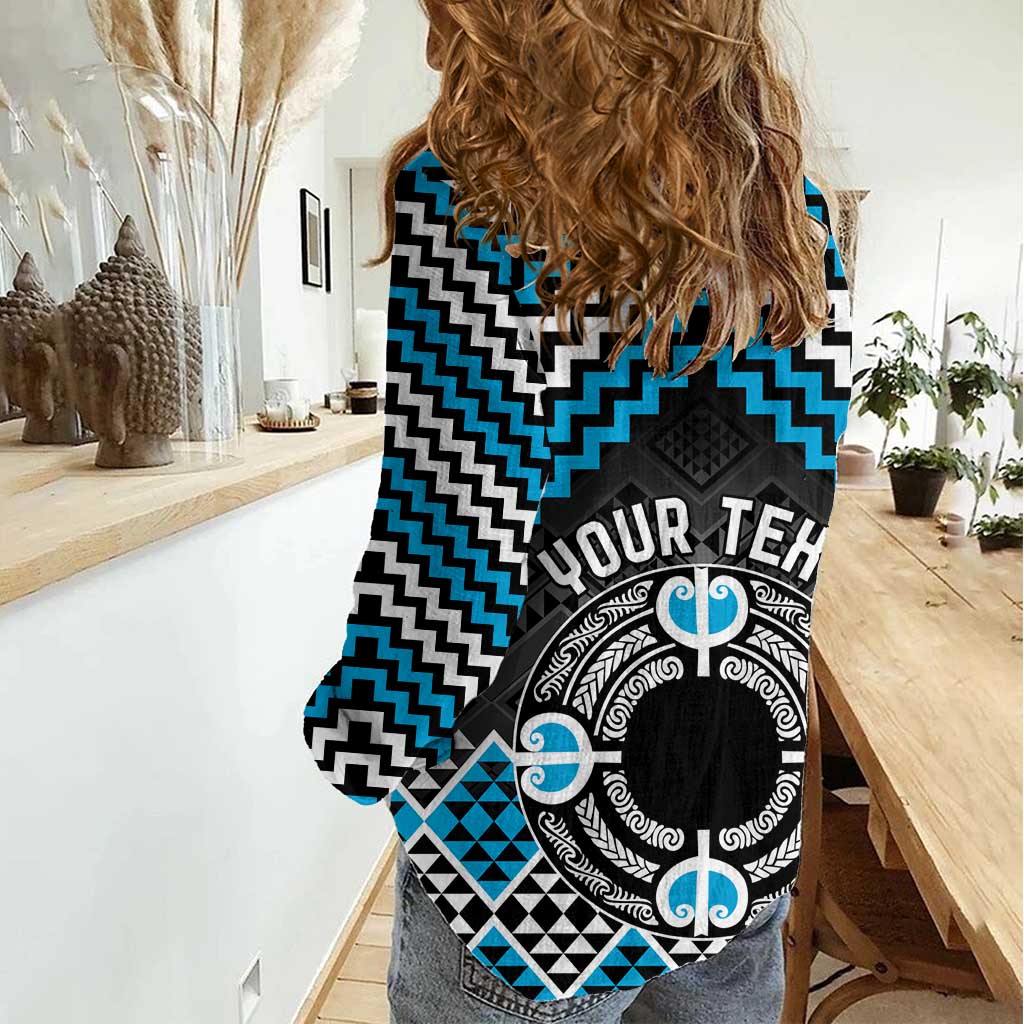 Personalised Aotearoa Niho Taniwha Motif Women Casual Shirt Blue Style LT9 - Polynesian Pride