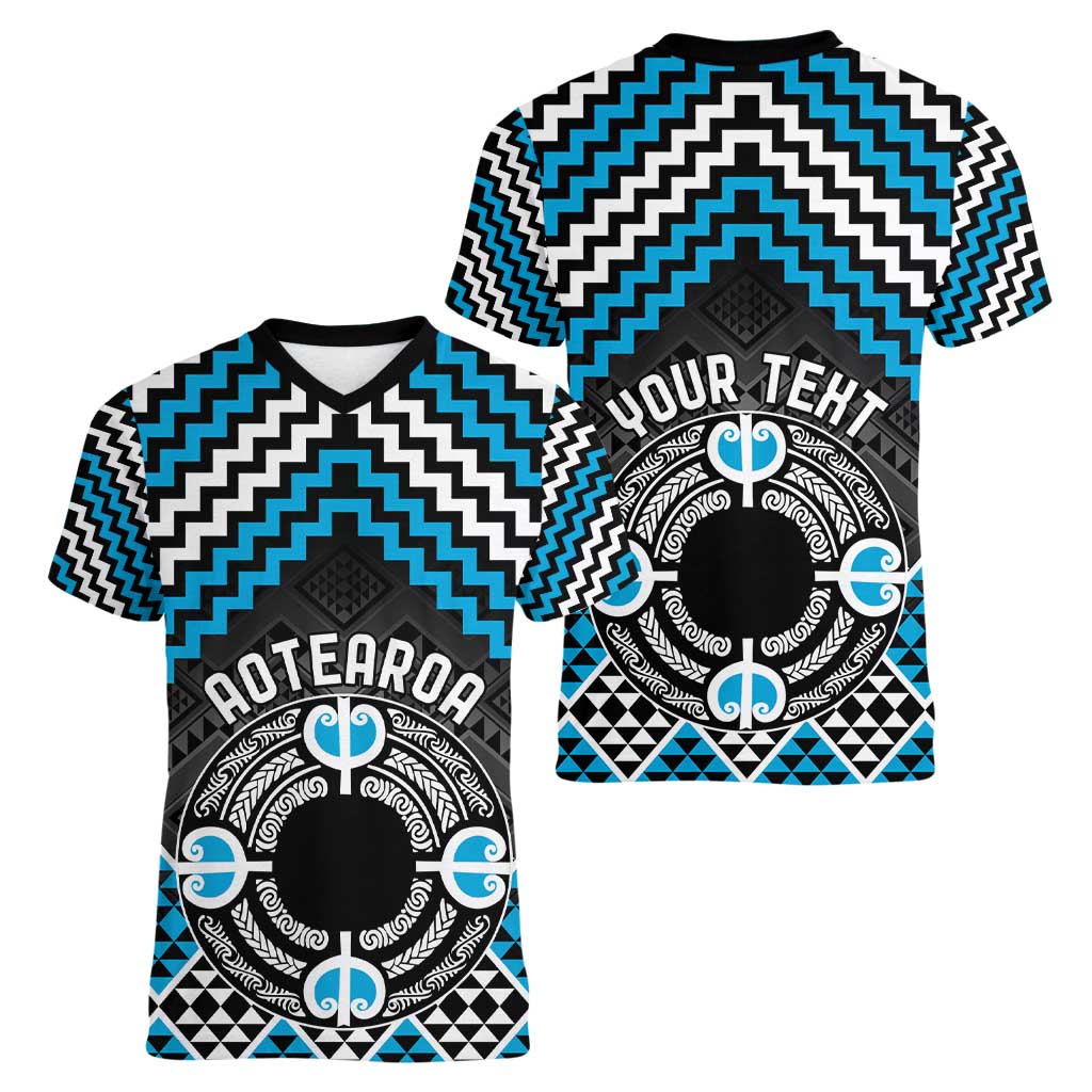 Personalised Aotearoa Niho Taniwha Motif Women V-Neck T-Shirt Blue Style