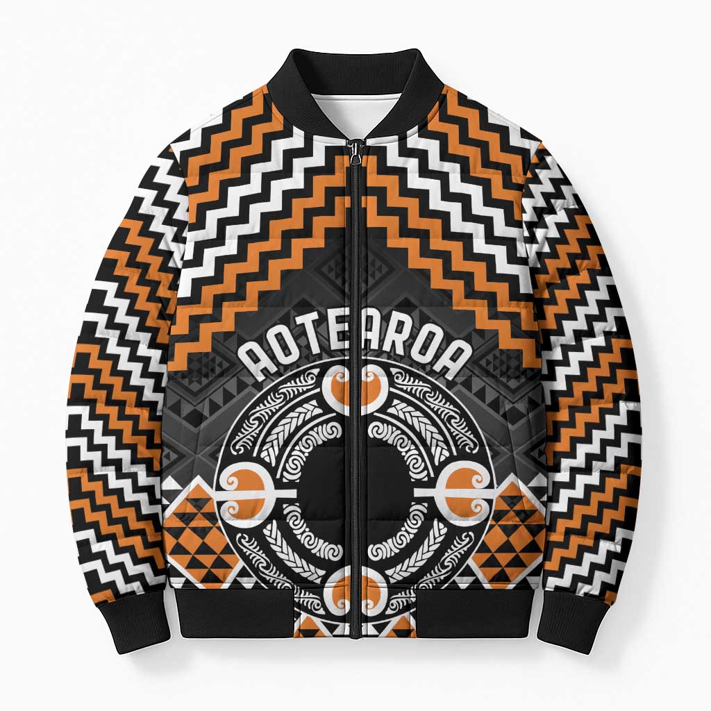 Personalised Aotearoa Niho Taniwha Motif Bomber Puffer Jacket Gold Style - Polynesian Pride