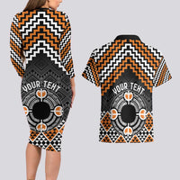 Personalised Aotearoa Niho Taniwha Motif Couples Matching Long Sleeve Bodycon Dress and Hawaiian Shirt Gold Style
