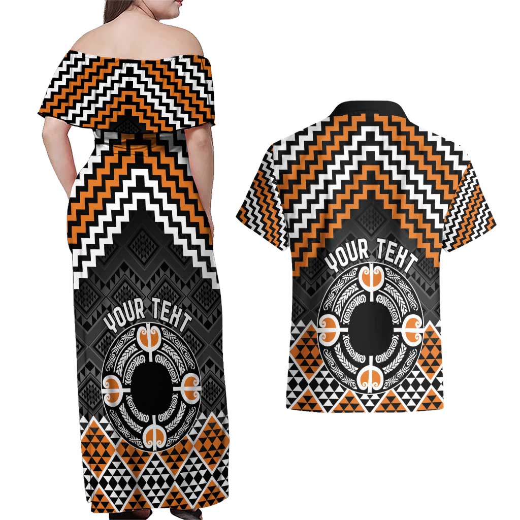 Personalised Aotearoa Niho Taniwha Motif Couples Matching Off Shoulder Maxi Dress and Hawaiian Shirt Gold Style