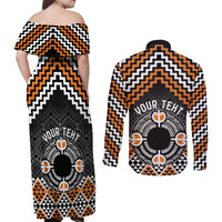 Personalised Aotearoa Niho Taniwha Motif Couples Matching Off Shoulder Maxi Dress and Long Sleeve Button Shirt Gold Style LT9 - Polynesian Pride