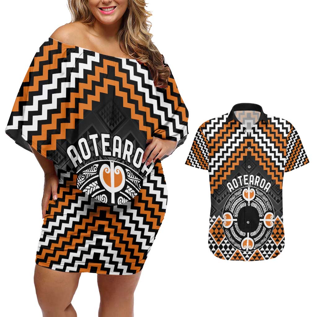 Personalised Aotearoa Niho Taniwha Motif Couples Matching Off Shoulder Short Dress and Hawaiian Shirt Gold Style