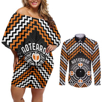 Personalised Aotearoa Niho Taniwha Motif Couples Matching Off Shoulder Short Dress and Long Sleeve Button Shirt Gold Style