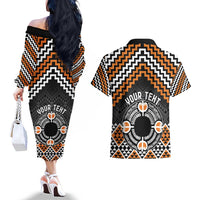Personalised Aotearoa Niho Taniwha Motif Couples Matching Off The Shoulder Long Sleeve Dress and Hawaiian Shirt Gold Style