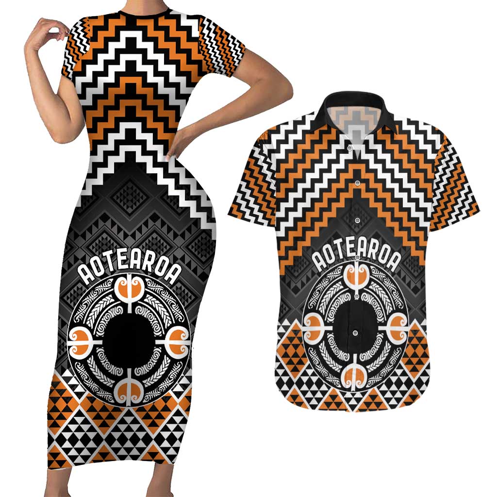 Personalised Aotearoa Niho Taniwha Motif Couples Matching Short Sleeve Bodycon Dress and Hawaiian Shirt Gold Style