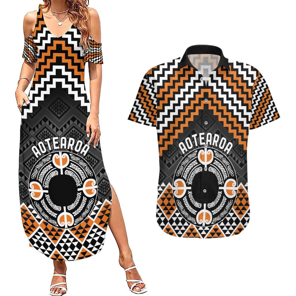 Personalised Aotearoa Niho Taniwha Motif Couples Matching Summer Maxi Dress and Hawaiian Shirt Gold Style