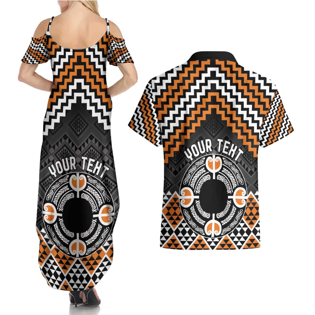 Personalised Aotearoa Niho Taniwha Motif Couples Matching Summer Maxi Dress and Hawaiian Shirt Gold Style