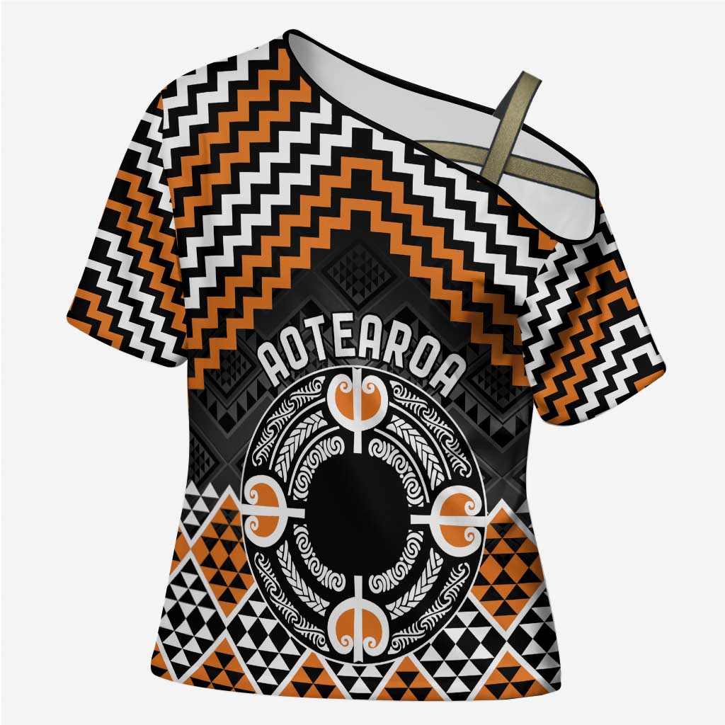 Personalised Aotearoa Niho Taniwha Motif Cross Shoulder Shirt Gold Style - Polynesian Pride