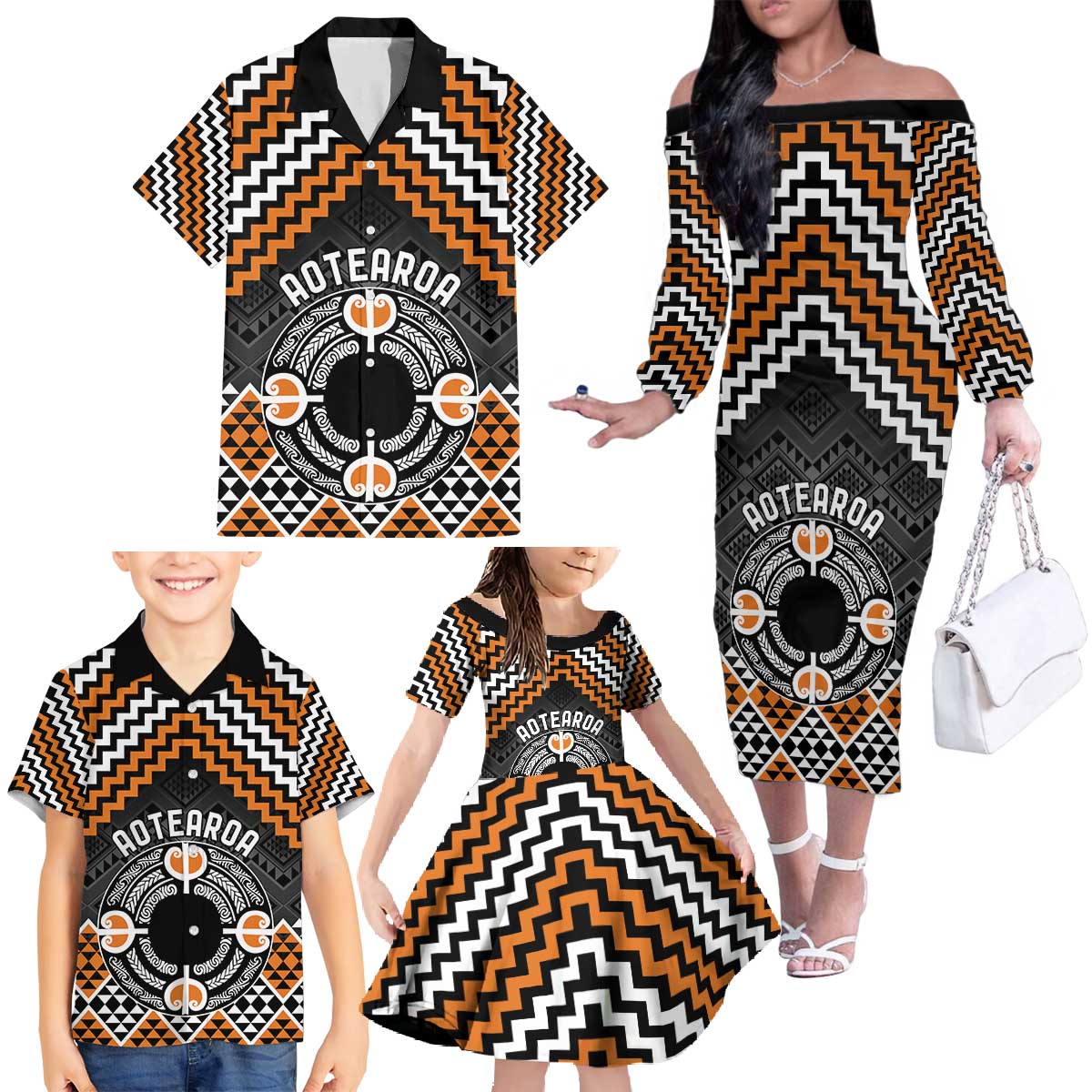 Personalised Aotearoa Niho Taniwha Motif Family Matching Off The Shoulder Long Sleeve Dress and Hawaiian Shirt Gold Style