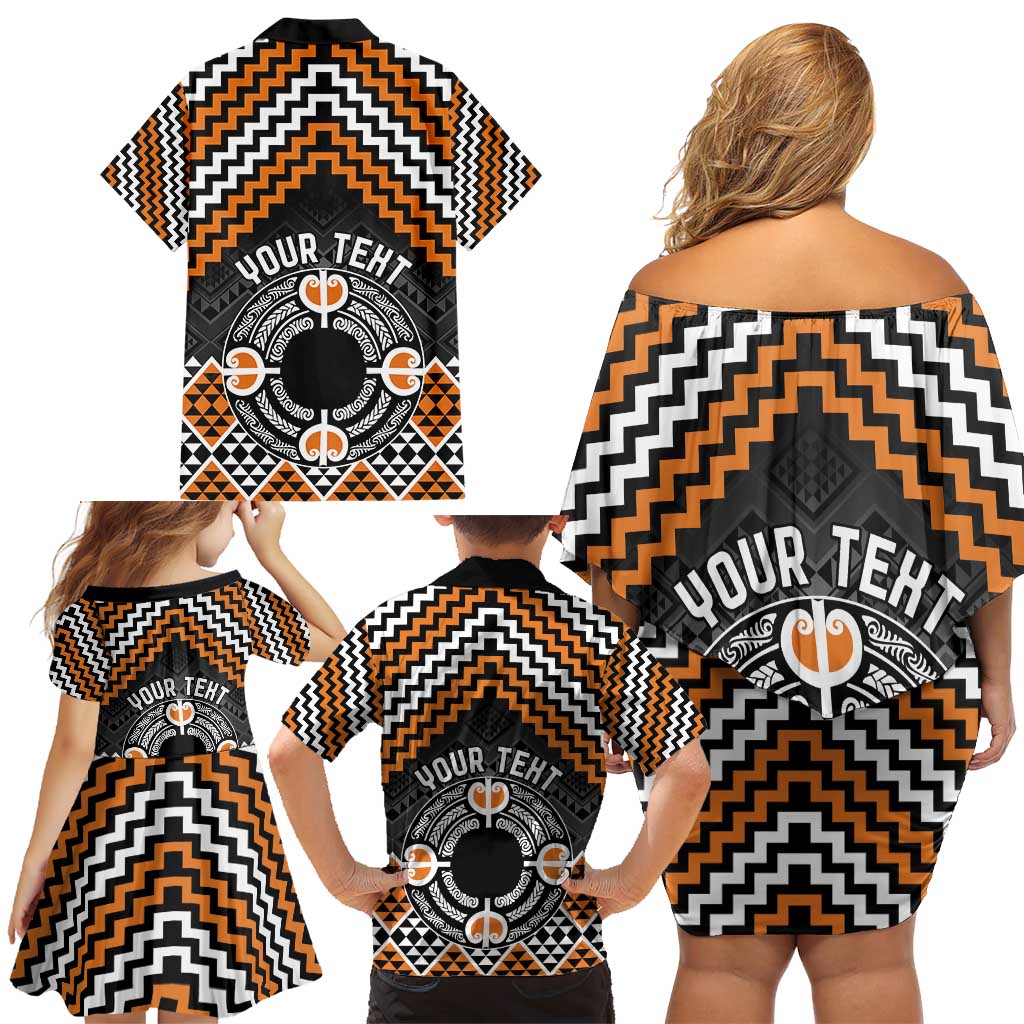 Personalised Aotearoa Niho Taniwha Motif Family Matching Off Shoulder Short Dress and Hawaiian Shirt Gold Style