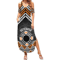 Personalised Aotearoa Niho Taniwha Motif Family Matching Summer Maxi Dress and Hawaiian Shirt Gold Style