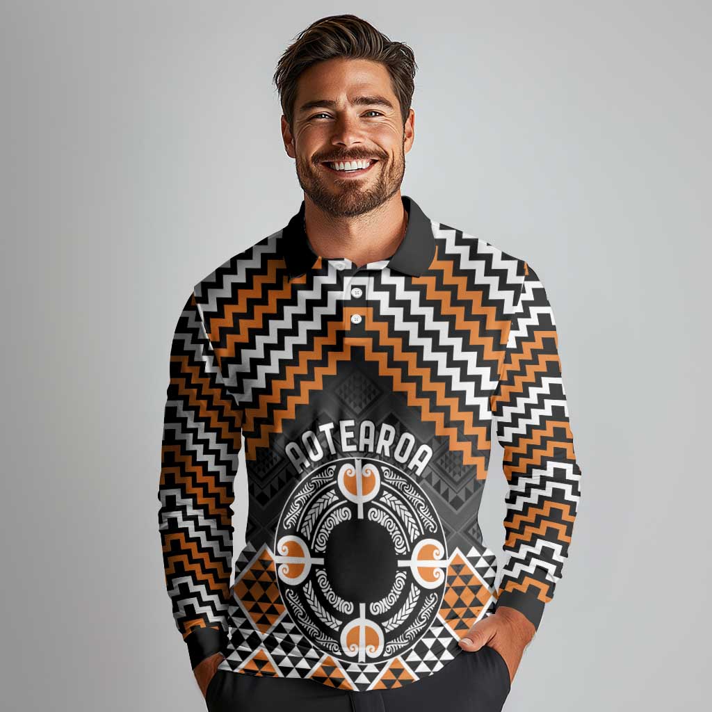 Personalised Aotearoa Niho Taniwha Motif Long Sleeve Polo Shirt Gold Style LT9 - Polynesian Pride
