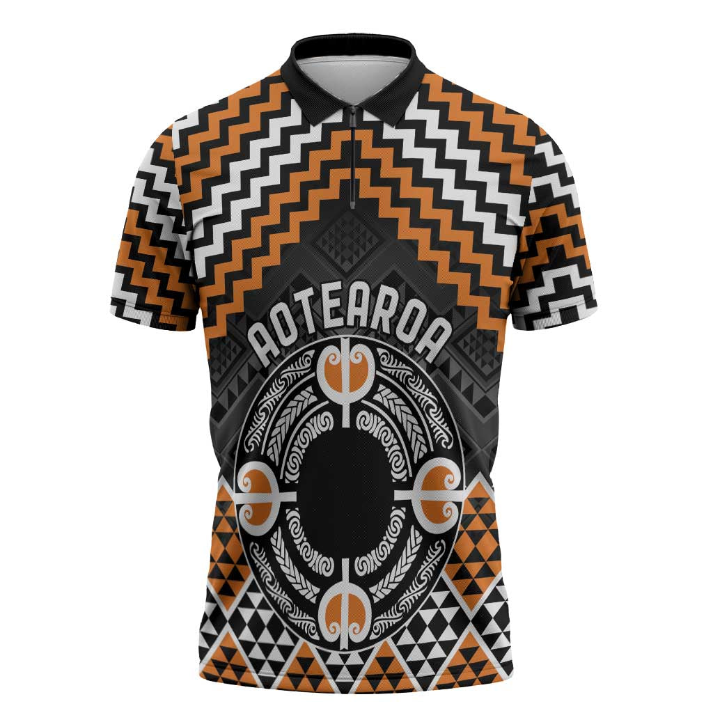 Personalised Aotearoa Niho Taniwha Motif Zipper Polo Shirt Gold Style - Polynesian Pride