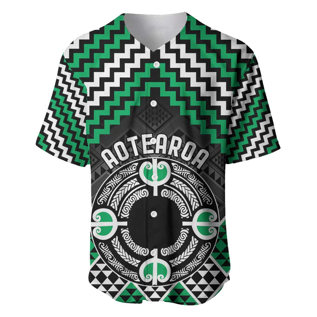 Personalised Aotearoa Niho Taniwha Motif Baseball Jersey Green Style