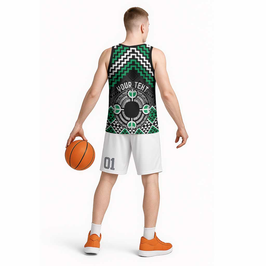 Personalised Aotearoa Niho Taniwha Motif Basketball Jersey Green Style - Polynesian Pride