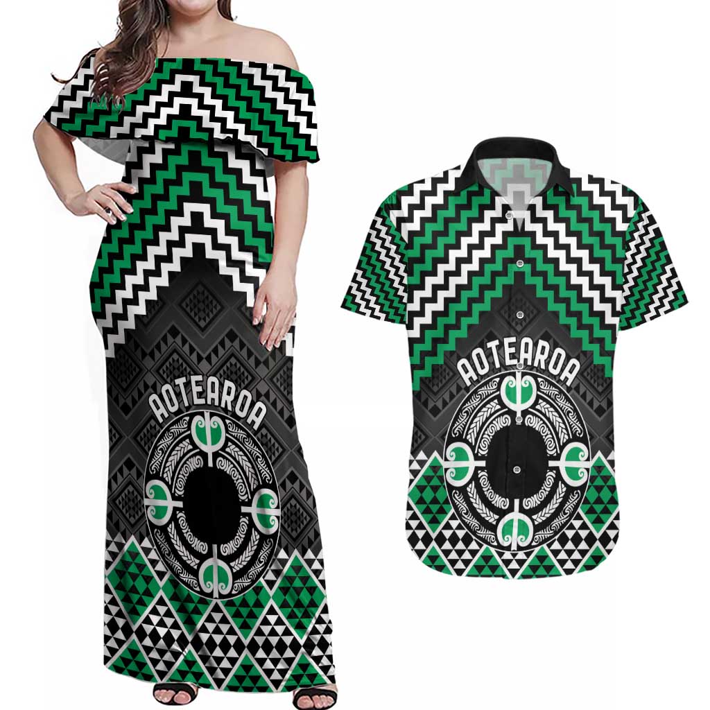 Personalised Aotearoa Niho Taniwha Motif Couples Matching Off Shoulder Maxi Dress and Hawaiian Shirt Green Style