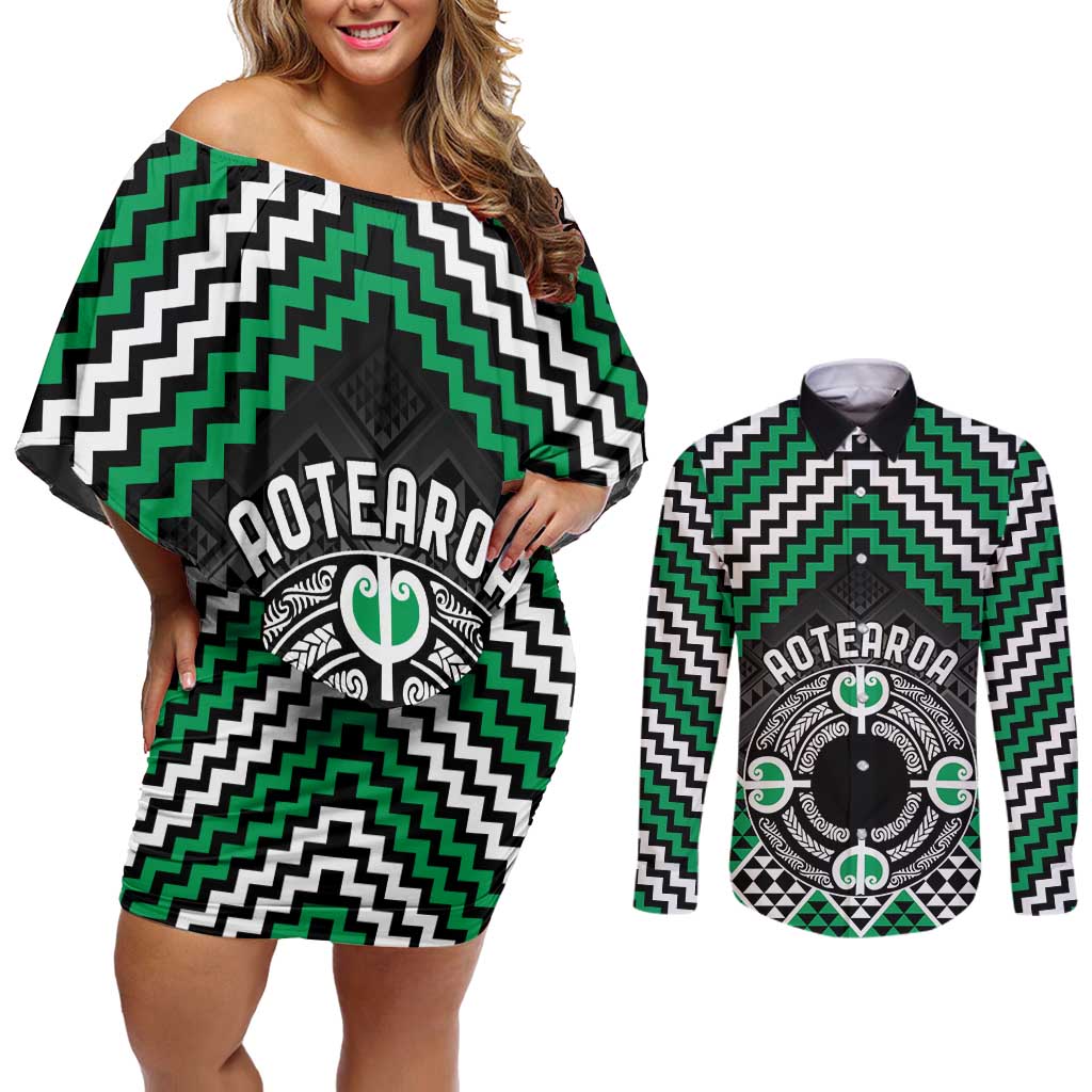 Personalised Aotearoa Niho Taniwha Motif Couples Matching Off Shoulder Short Dress and Long Sleeve Button Shirt Green Style