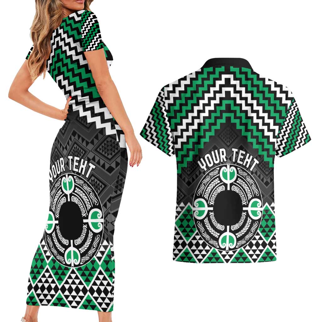 Personalised Aotearoa Niho Taniwha Motif Couples Matching Short Sleeve Bodycon Dress and Hawaiian Shirt Green Style