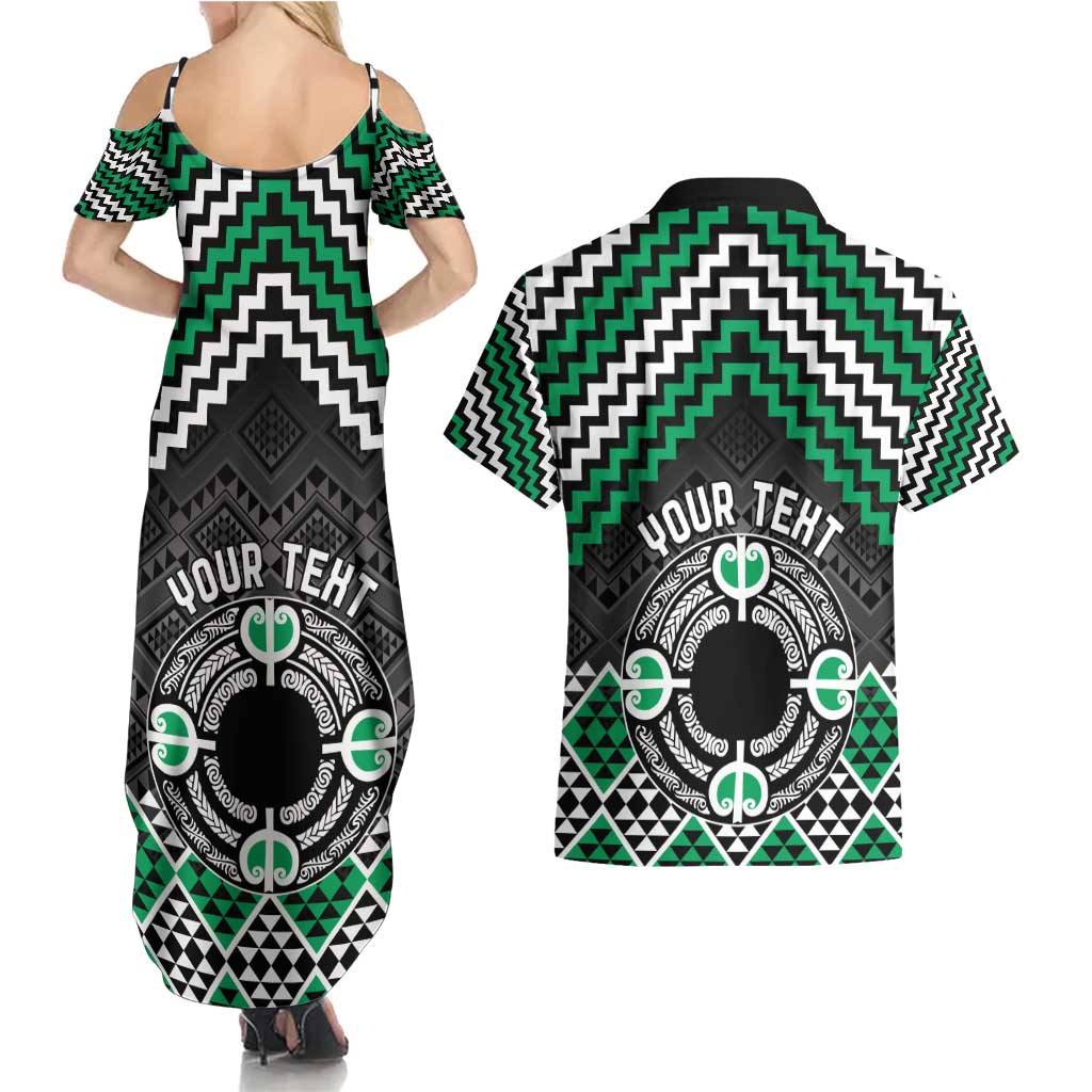 Personalised Aotearoa Niho Taniwha Motif Couples Matching Summer Maxi Dress and Hawaiian Shirt Green Style