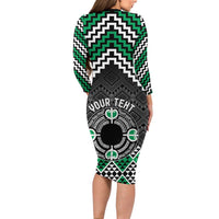 Personalised Aotearoa Niho Taniwha Motif Family Matching Long Sleeve Bodycon Dress and Hawaiian Shirt Green Style