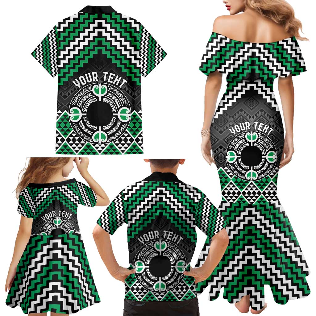 Personalised Aotearoa Niho Taniwha Motif Family Matching Mermaid Dress and Hawaiian Shirt Green Style