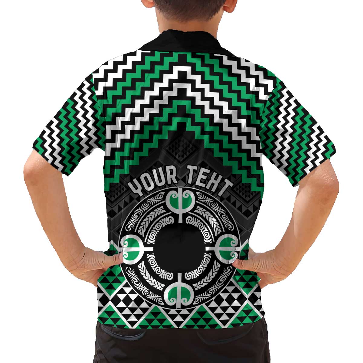 Personalised Aotearoa Niho Taniwha Motif Family Matching Off The Shoulder Long Sleeve Dress and Hawaiian Shirt Green Style